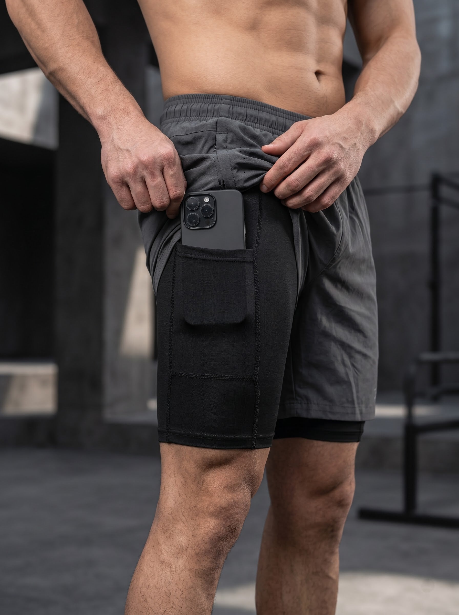 XZIZT gym shorts in dark grey, model posing #Color_Grey