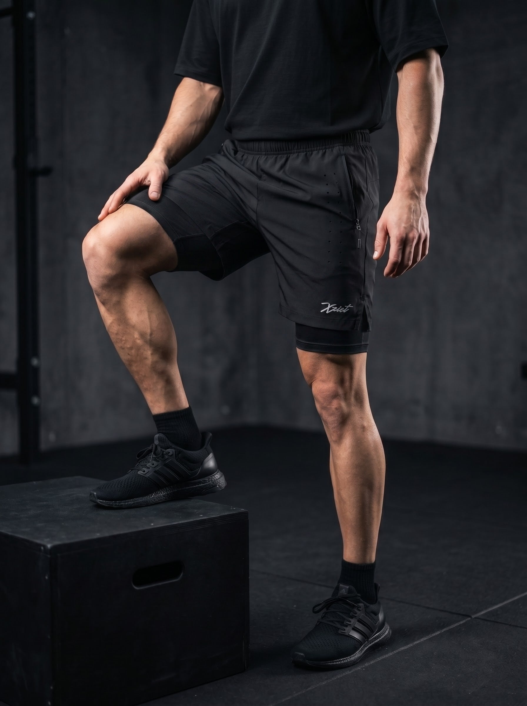 XZIZT gym shorts in black, model doing step-up exercise #Color_Black