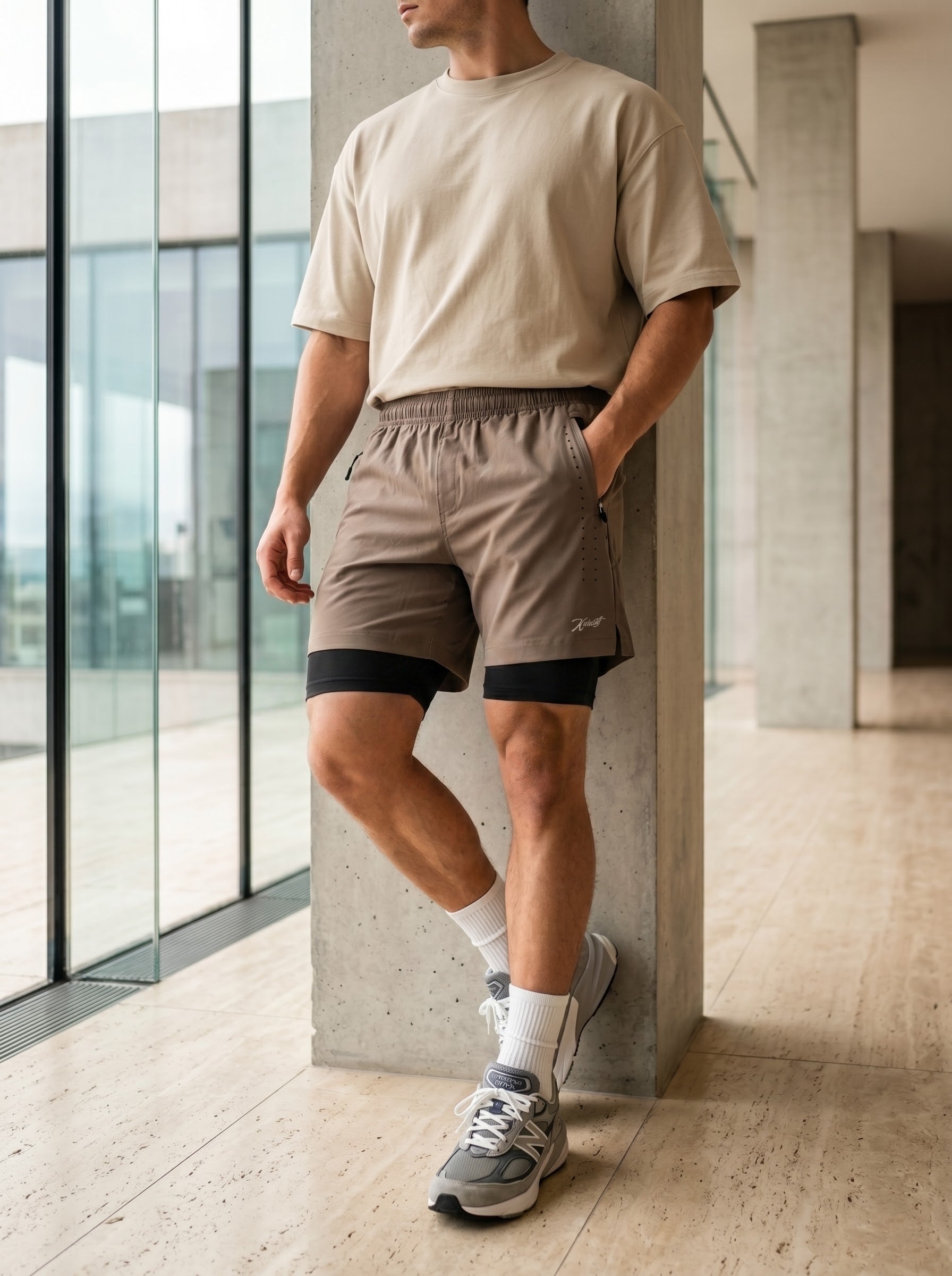 XZIZT gym shorts in beige, model posing full length #Color_Beige