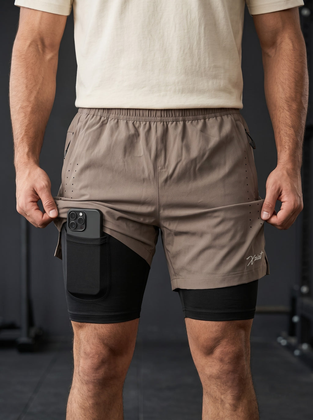 XZIZT gym shorts in beige, product shot #Color_Beige
